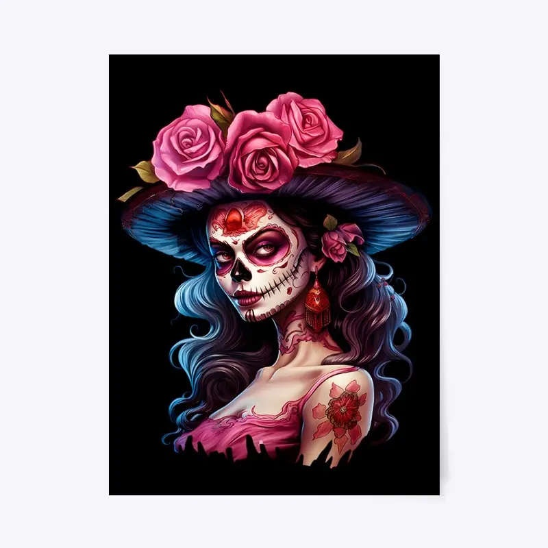 Colorful Catrina with Pink Roses