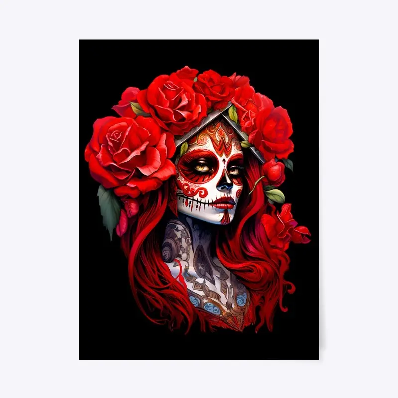 Red Floral Calavera Catrina